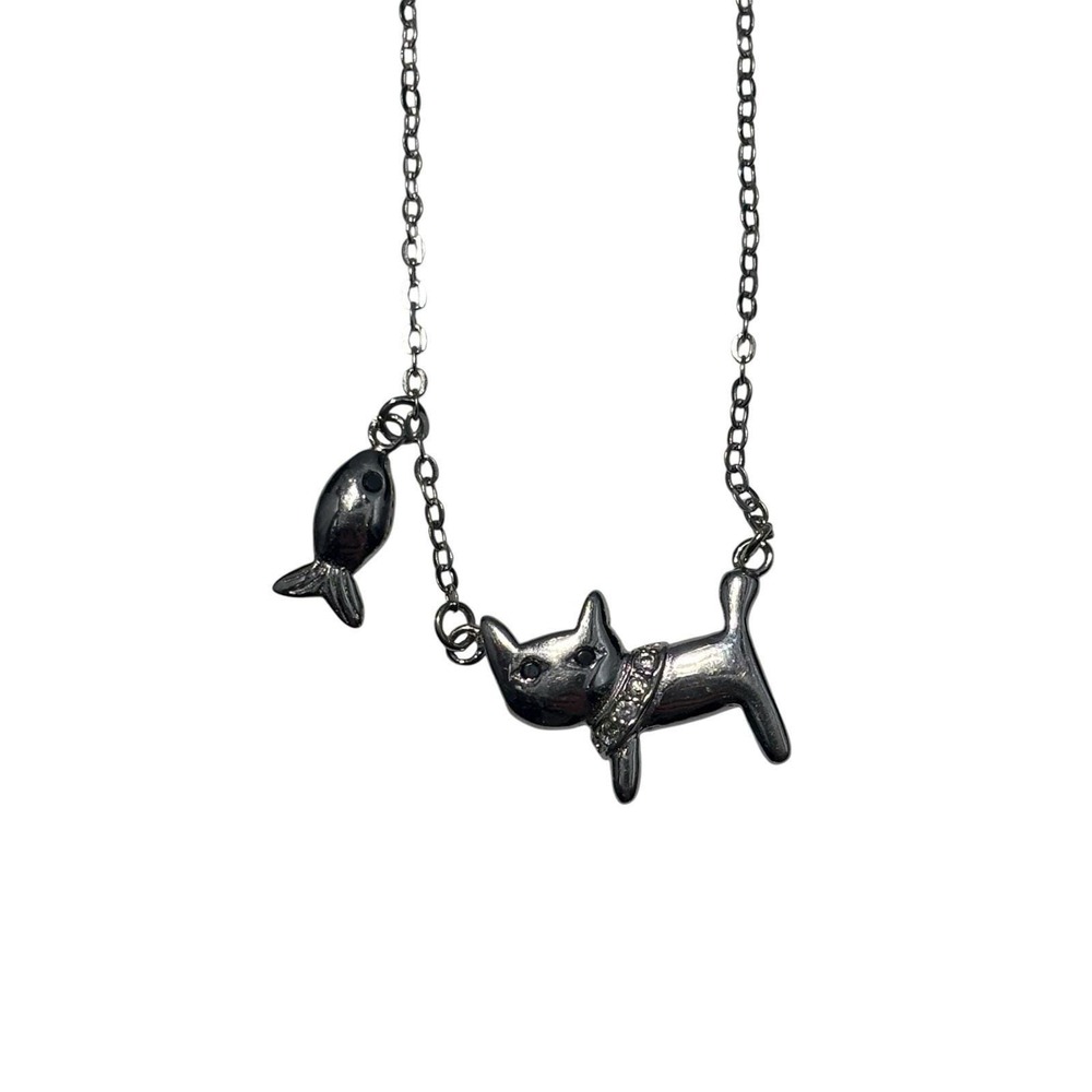 Vintage‎ Sterling Silver Rhinestone Kitty Cat dangle Gold Fish 17.5" Necklace